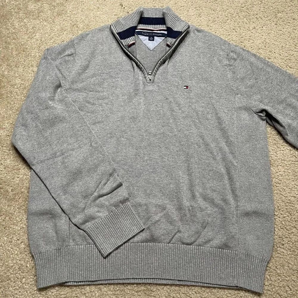 Tommy Hilfiger Sweater Mens XL Grey Quarter Zip Long Sleeve Pullover Adult